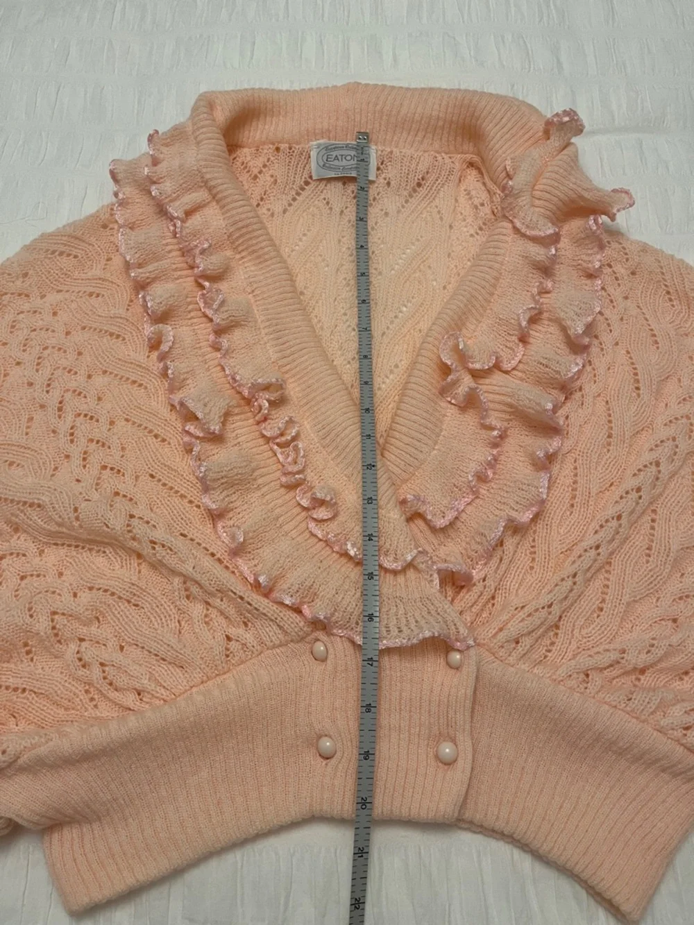 VINTAGE Eaton Batwing Lacy Cable Knit Cardigan Ruffles Feminine Romantic 70's - Picture 16 of 17